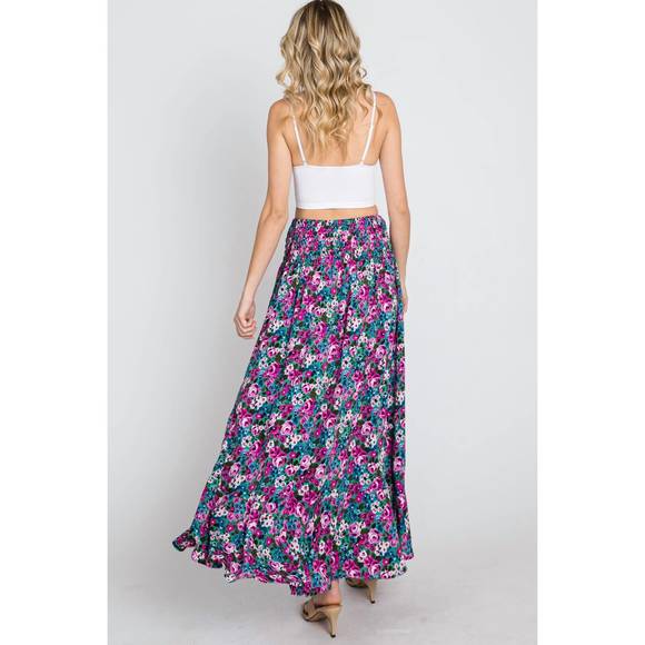 NEW EE:SOME floral maxi skirt with smocked waist & button front in fuchsia - Picture 3 of 8